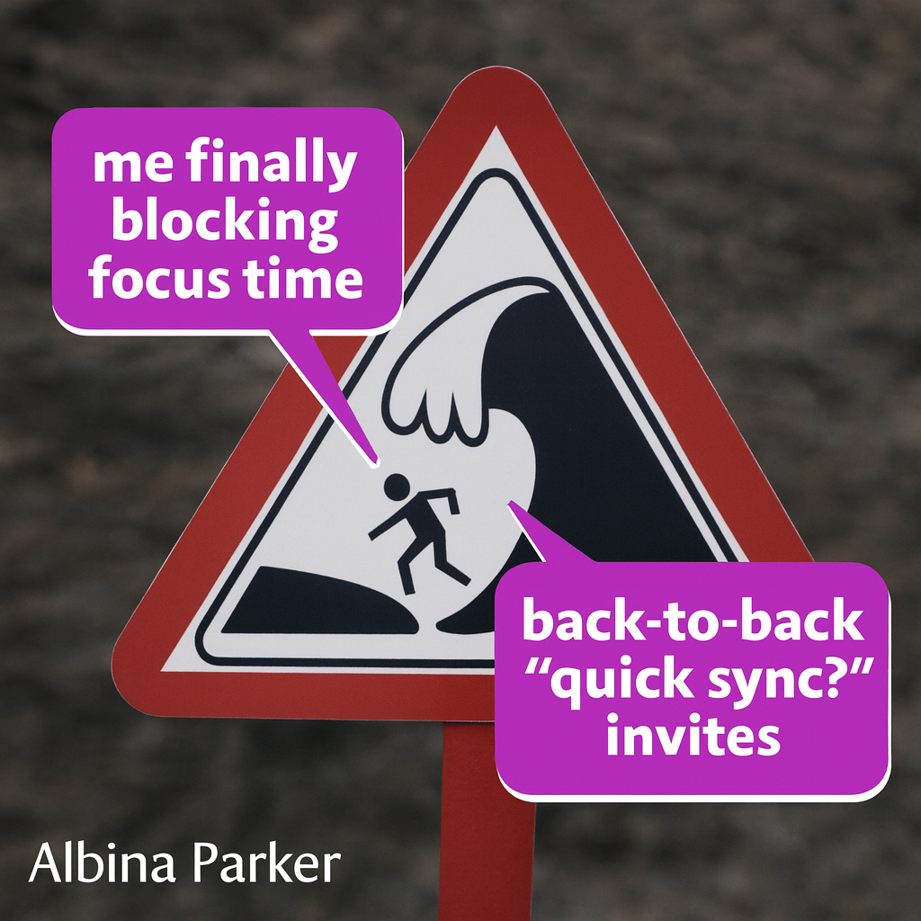 Person: me finally blocking focus time / Waves: back-to-back "quick sync?" invites