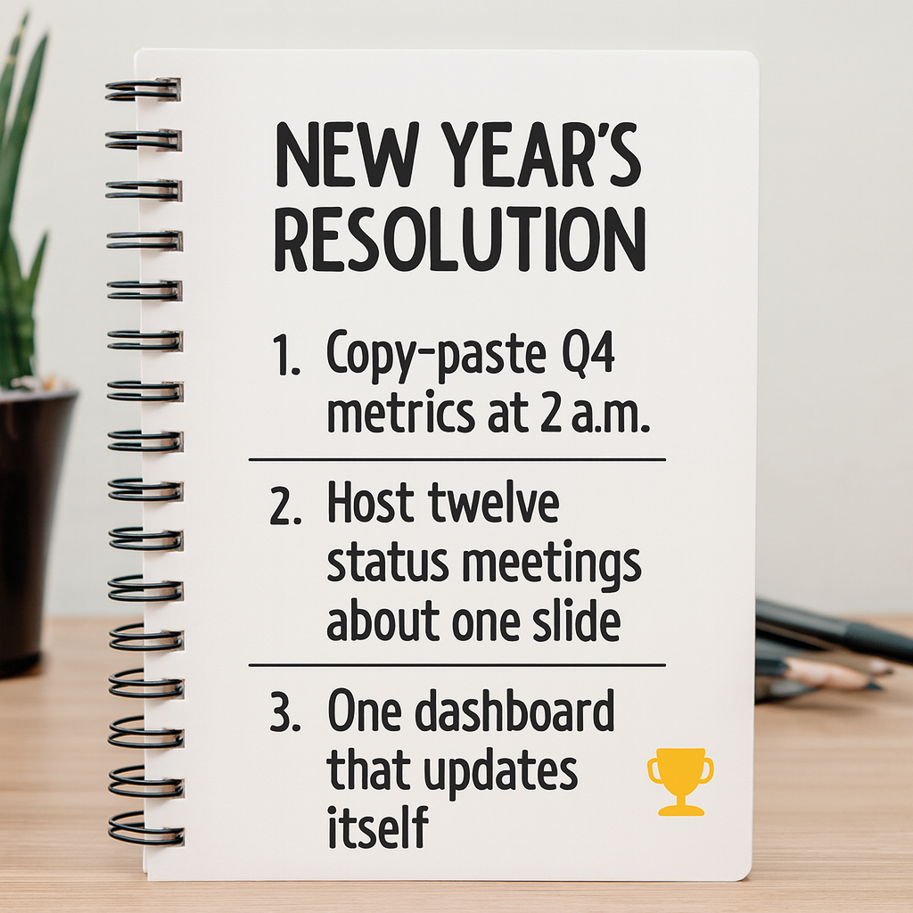 New Year's Resolution
1. Copy-paste Q4 metrics at 2 a.m. ❌
2. Host twelve status meetings about one slide ❌
3. One dashboard that updates itself ✅