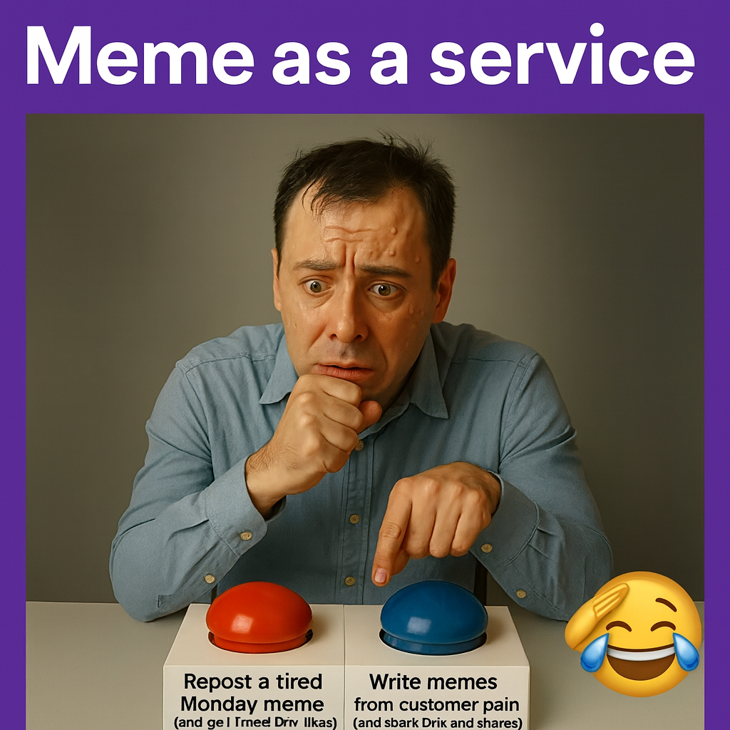 Button A: "Repost a tired Monday meme (and and get three pity likes)" Button B: "Write memes from customer pain (and and spark DMs and shares)"