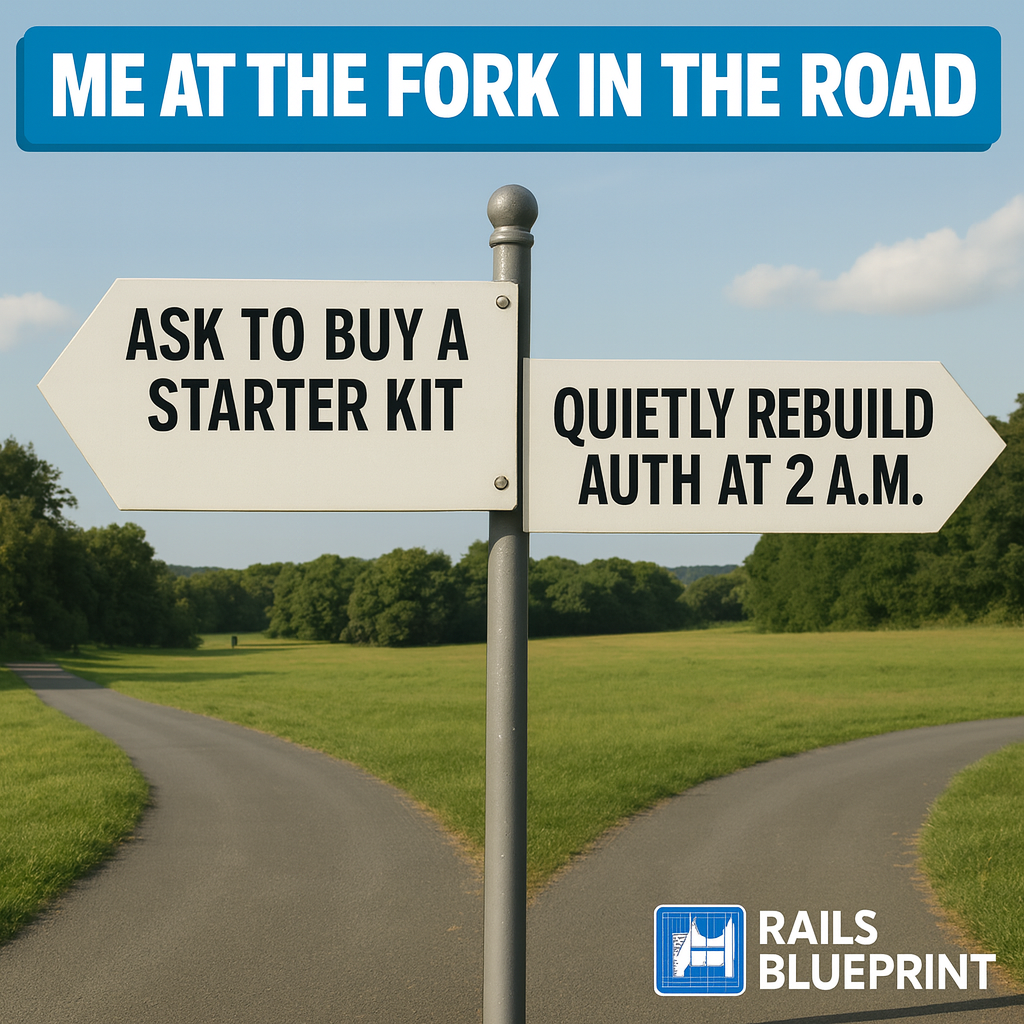Left sign: Ask to buy a starter kit / Right sign: Quietly rebuild auth at 2 a.m.