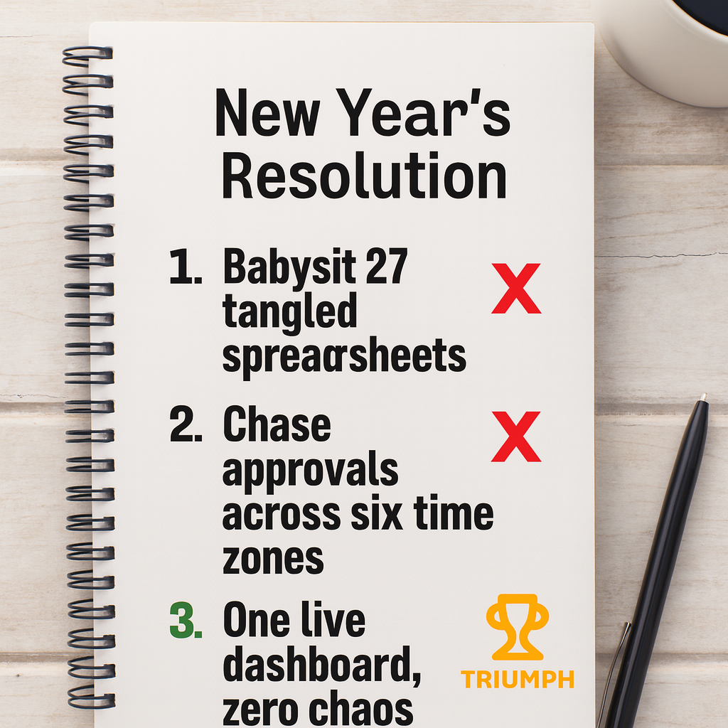 New Year's Resolution
1. Babysit 27 tangled spreadsheets ❌
2. Chase approvals across six time zones ❌
3. One live dashboard, zero chaos ✅