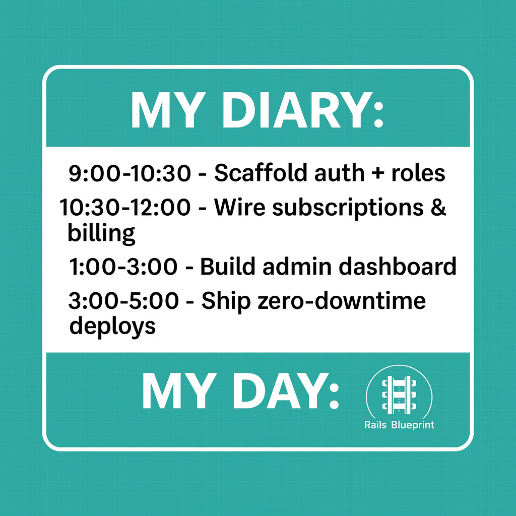 My Diary: "9:00-10:30 - Scaffold auth + roles" "10:30-12:00 - Wire subscriptions & billing" "1:00-3:00 - Build admin dashboard" "3:00-5:00 - Ship zero-downtime deploys"

My Day: "9:00-5:00 - Spend 8 hours hunting a missing end and renaming env vars for vibes."