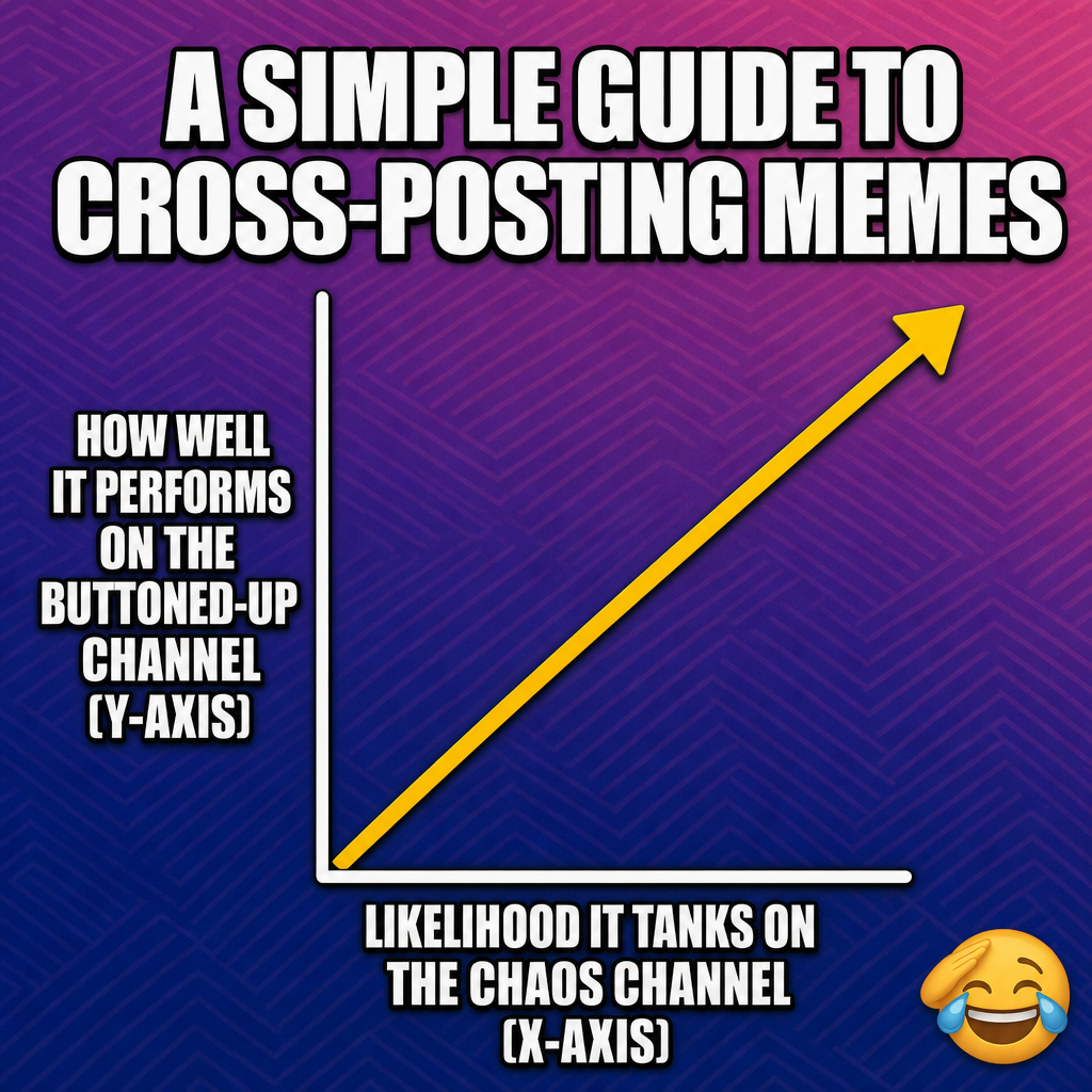 A Simple Guide to Cross-posting memes - How well it performs on the buttoned-up channel (Y-axis) vs Likelihood it tanks on the chaos channel (X-axis) with an upward trending line