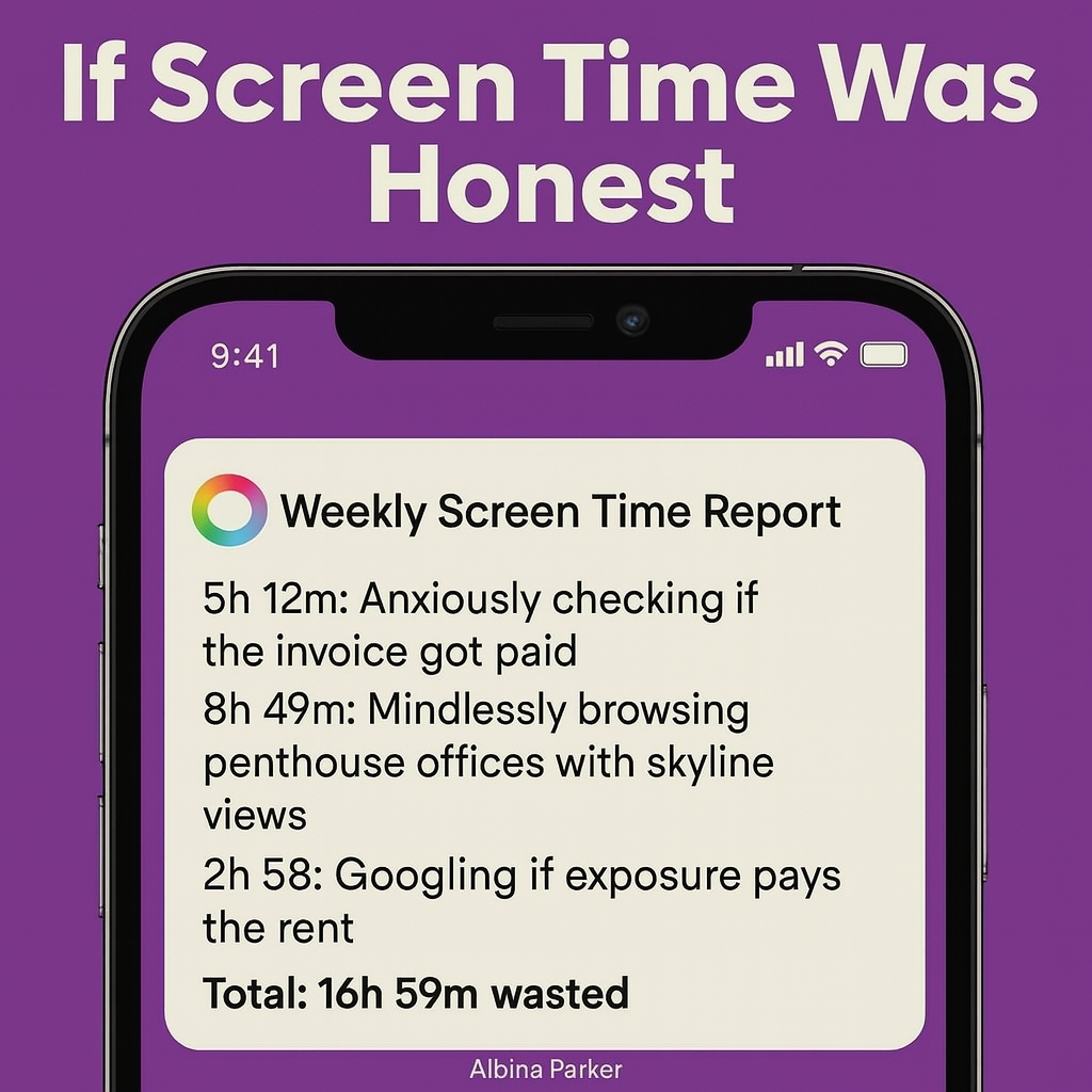 If Screen Time Was Honest
Weekly Screen Time Report
5h 12m: Anxiously checking if the invoice got paid
8h 49m: Mindlessly browsing penthouse offices with skyline views
2h 58m: Googling if exposure pays the rent
Total: 16h 59m wasted