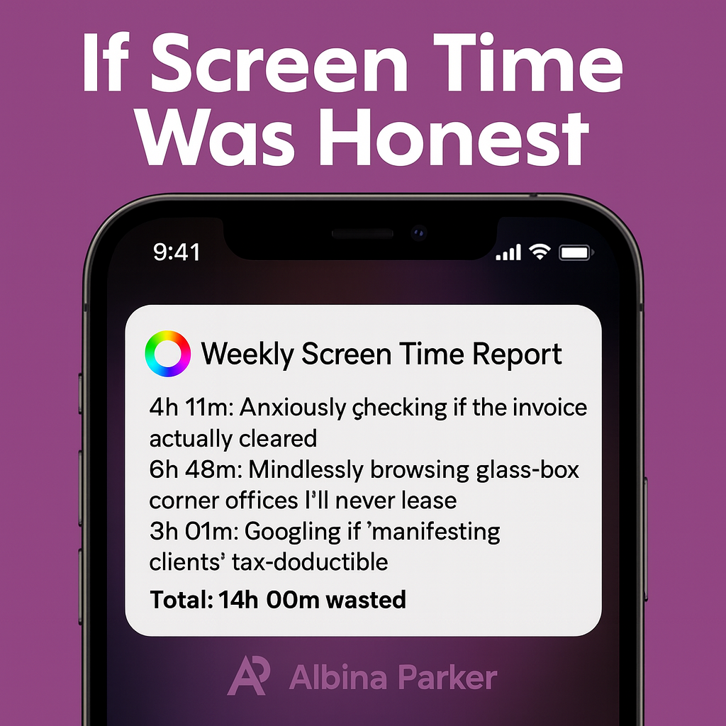 If Screen Time Was Honest
Weekly Screen Time Report
4h 11m: Anxiously checking if the invoice actually cleared
6h 48m: Mindlessly browsing glass-box corner offices I'll never lease
3h 01m: Googling is 'manifesting clients' tax-deductible
Total: 14h 00m wasted