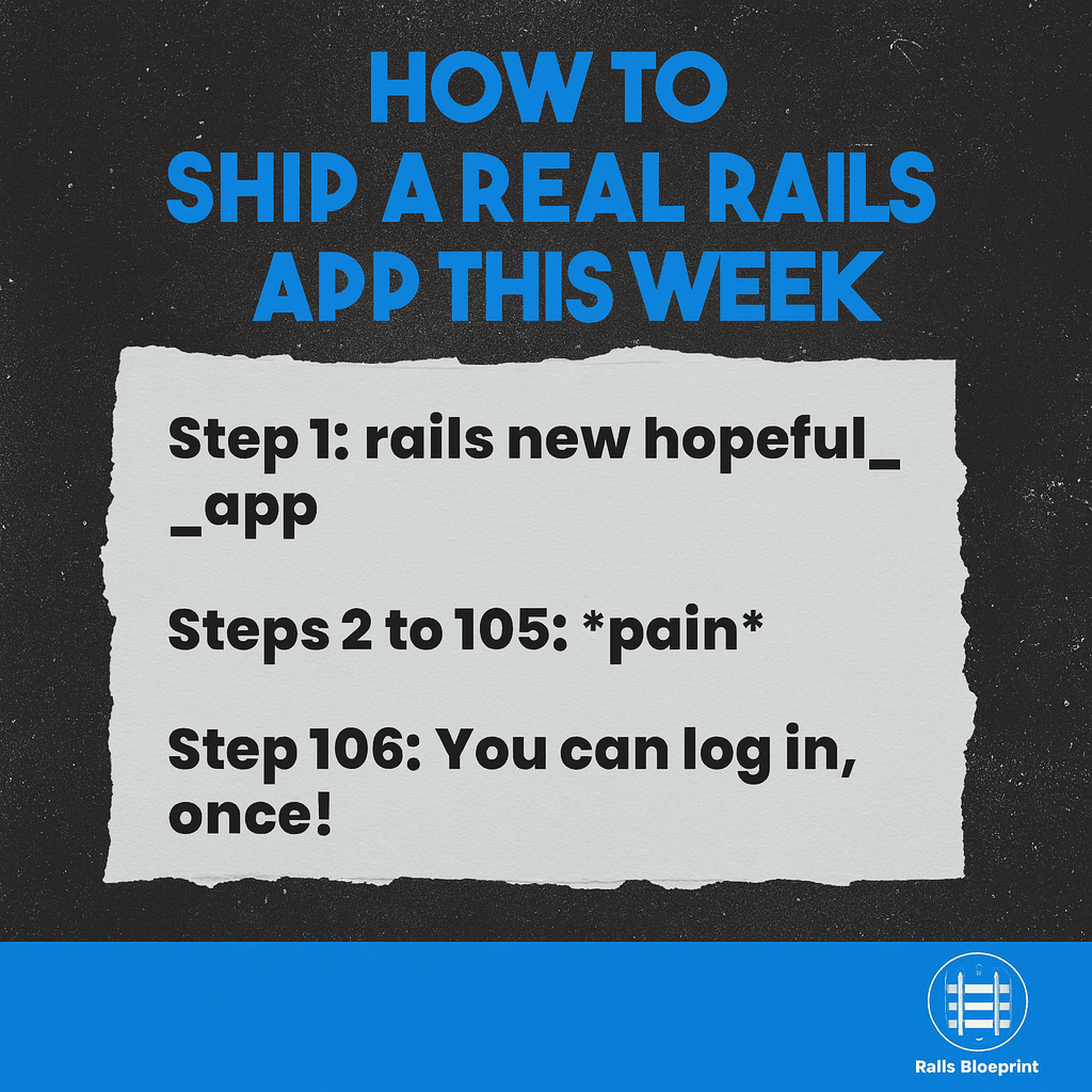 How to SHIP A REAL RAILS APP THIS WEEK

Step 1: rails new hopeful_app

Steps 2 to 105: *pain*

Step 106: You can log in, once!