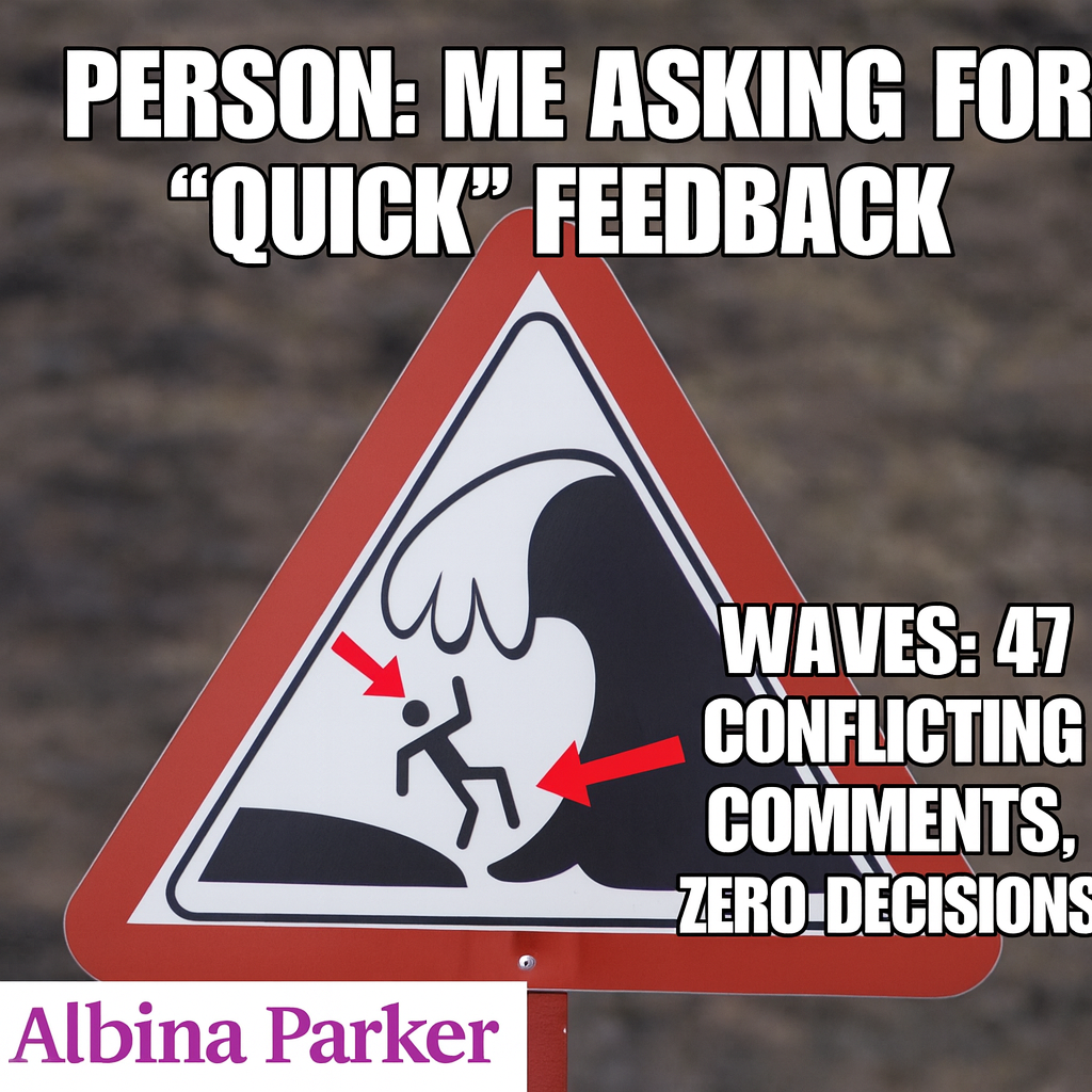 Person: me asking for 'quick' feedback / Waves: 47 conflicting comments, zero decisions