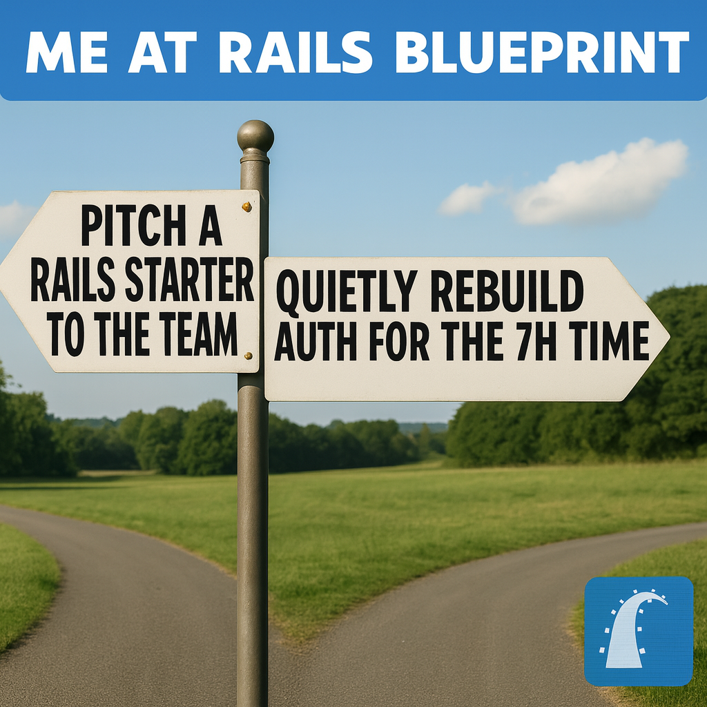 Left sign: Pitch a Rails starter to the team / Right sign: Quietly rebuild auth for the 7th time
