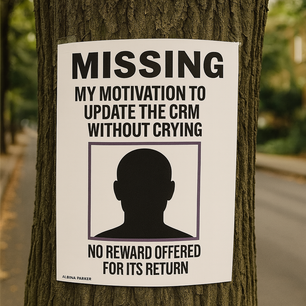 MISSING: My motivation to update the CRM without crying.

[PICTURE OF BLANK FACE OUTLINE SILHOUETTE]

No reward offered for its return.