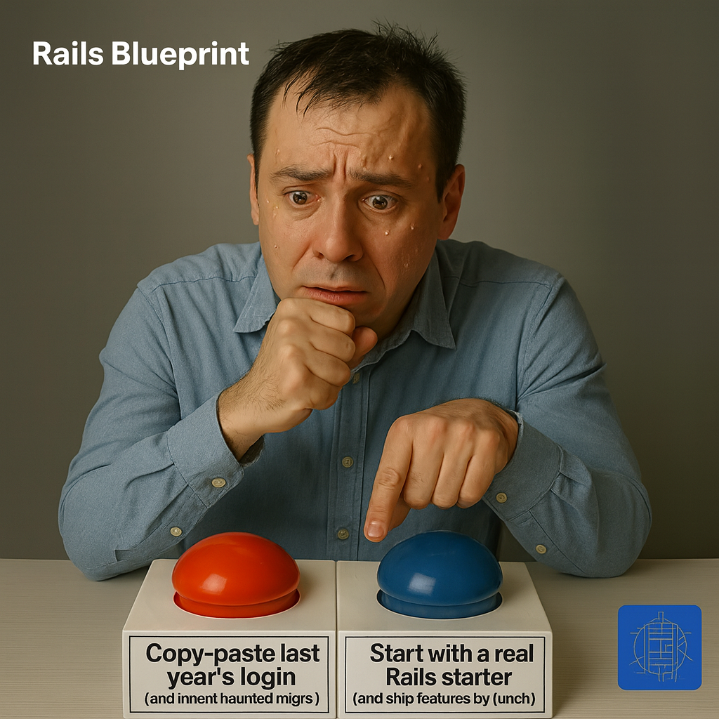 Button A: "Copy-paste last year's login (and and inherit haunted migrations)" Button B: "Start with a real Rails starter (and and ship features by lunch)"