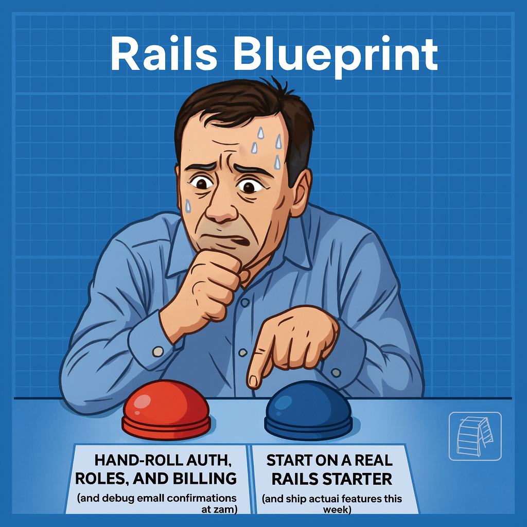 Button A: "Hand-roll auth, roles, and billing (and debug email confirmations at 2am)" Button B: "Start on a real Rails starter (and ship actual features this week)"