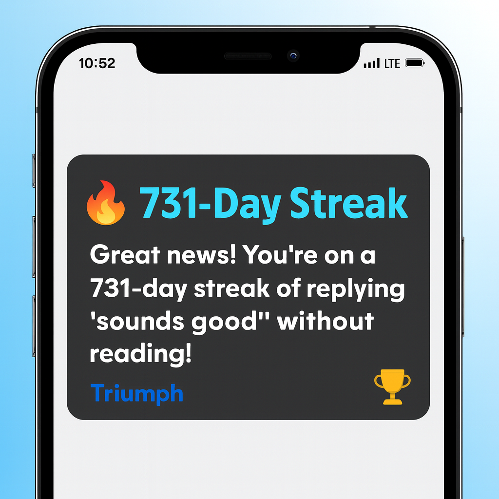 🔥 731-Day Streak! Great news! You're on a 731-day streak of replying 'sounds good' without reading!