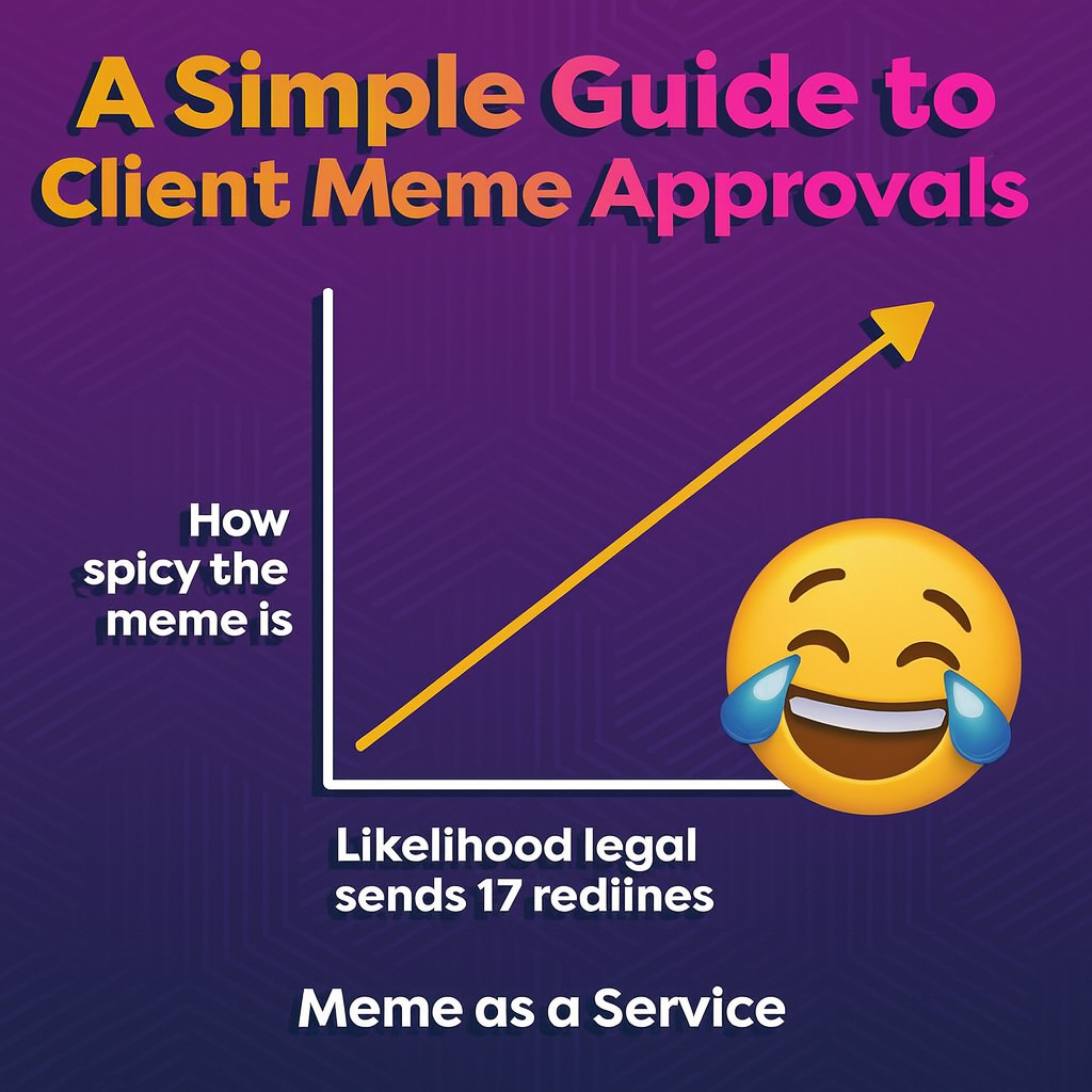 A Simple Guide to Client Meme Approvals - How spicy the meme is (Y-axis) vs Likelihood legal sends 17 redlines (X-axis) with an upward trending line