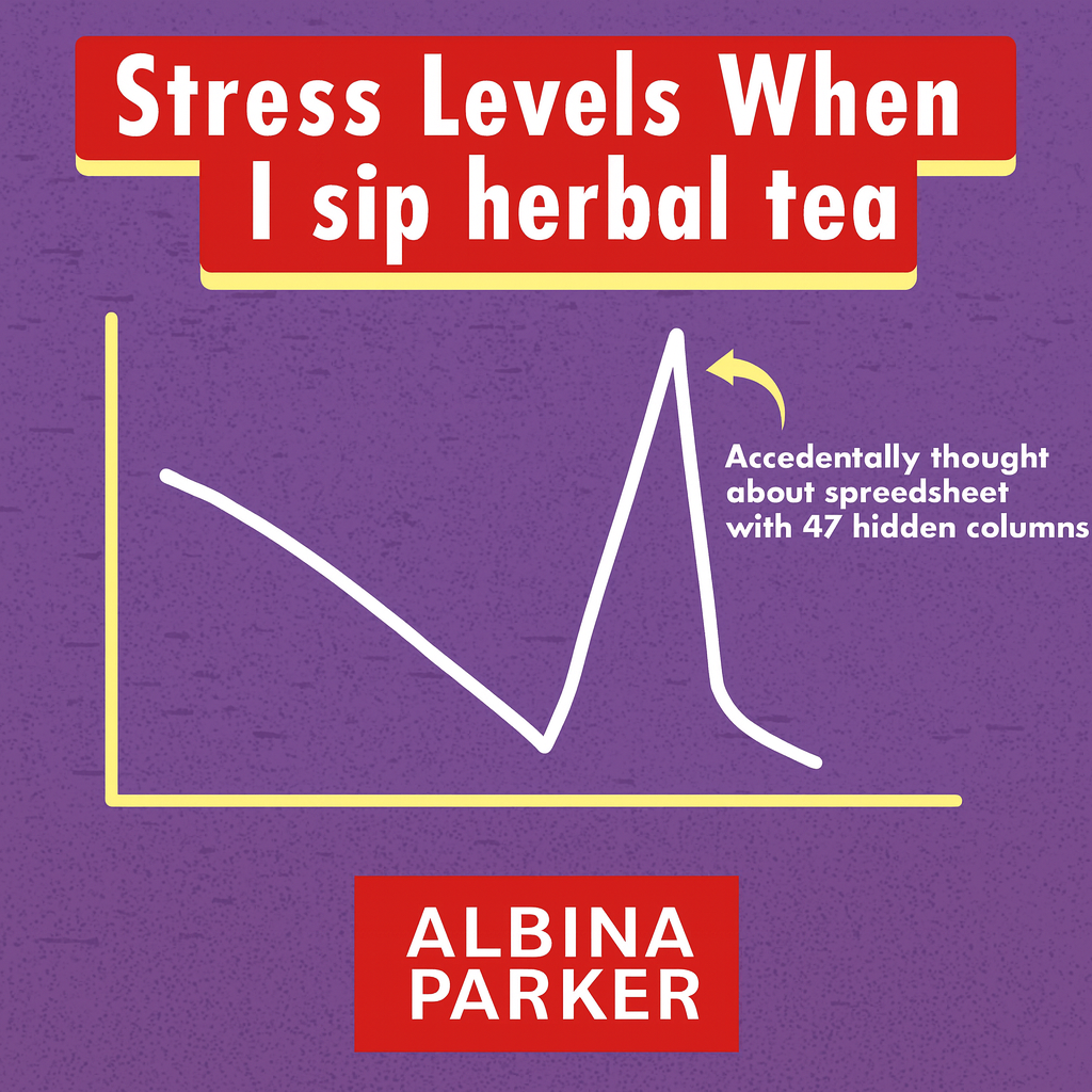 Stress Levels When I sip herbal tea
[Graph showing declining then spiking line]
Accidentally thought about spreadsheet with 47 hidden columns