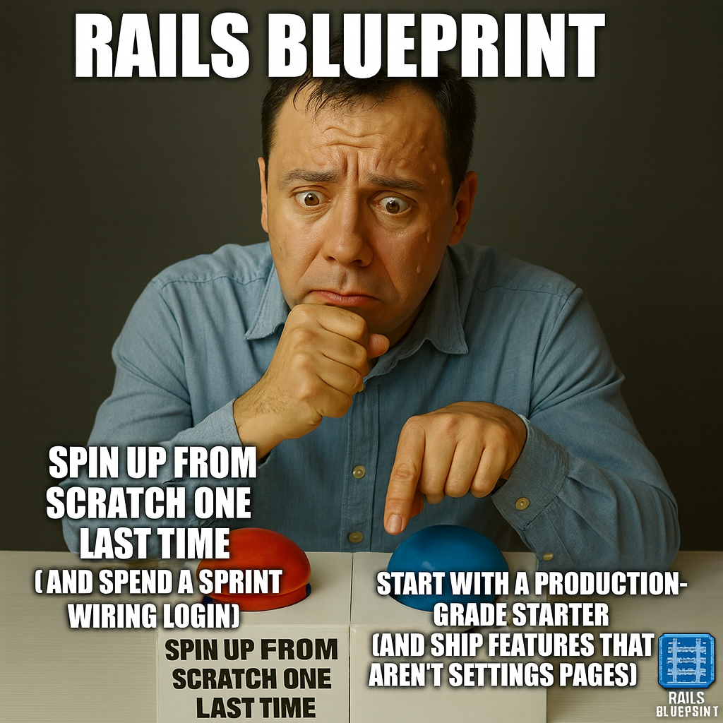 Button A: "Spin up from scratch one last time (and spend a sprint wiring login)" Button B: "Start with a production-grade starter (and ship features that aren't settings pages)"
