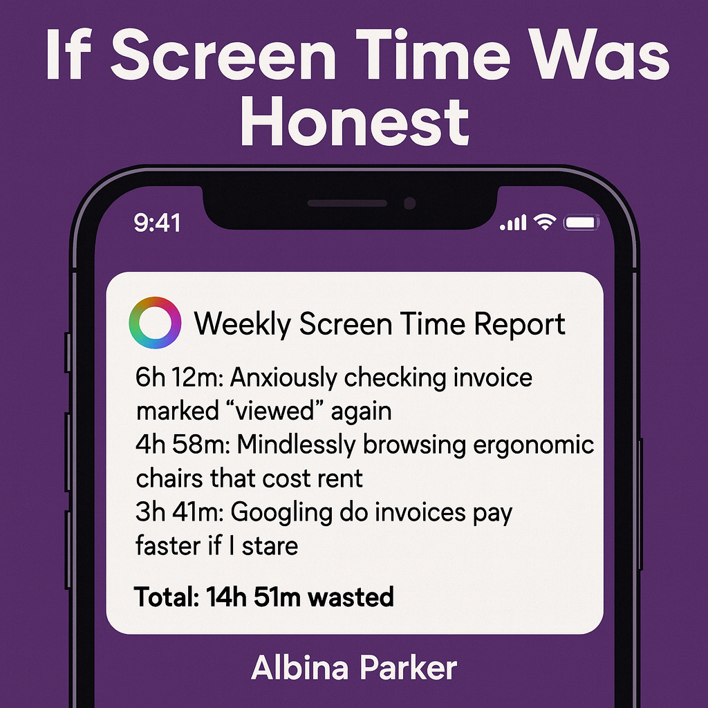 If Screen Time Was Honest
Weekly Screen Time Report
6h 12m: Anxiously checking invoice marked 'viewed' again
4h 58m: Mindlessly browsing ergonomic chairs that cost rent
3h 41m: Googling do invoices pay faster if I stare
Total: 14h 51m wasted