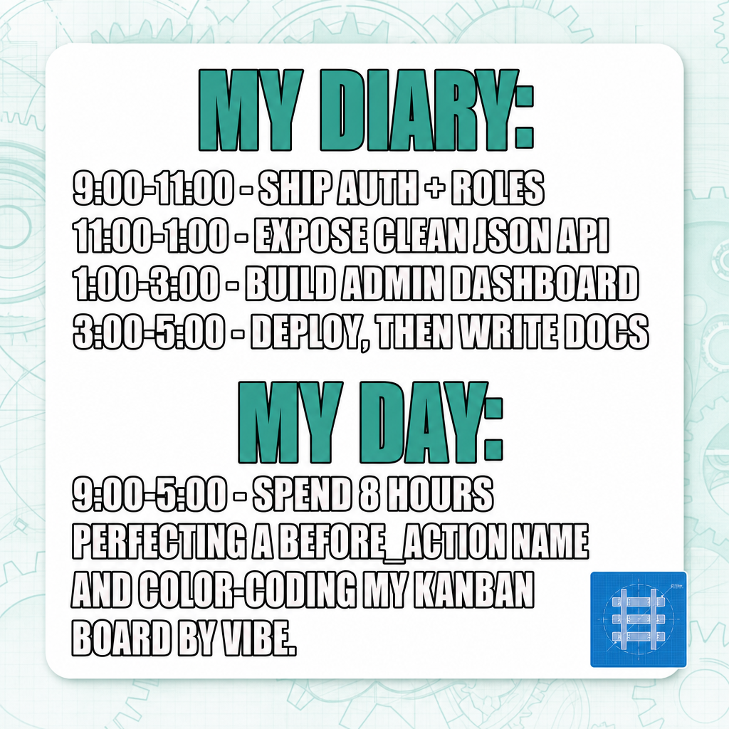 My Diary: "9:00-11:00 - Ship auth + roles" "11:00-1:00 - Expose clean JSON API" "1:00-3:00 - Build admin dashboard" "3:00-5:00 - Deploy, then write docs"

My Day: "9:00-5:00 - Spend 8 hours perfecting a before_action name and color-coding my kanban board by vibe."