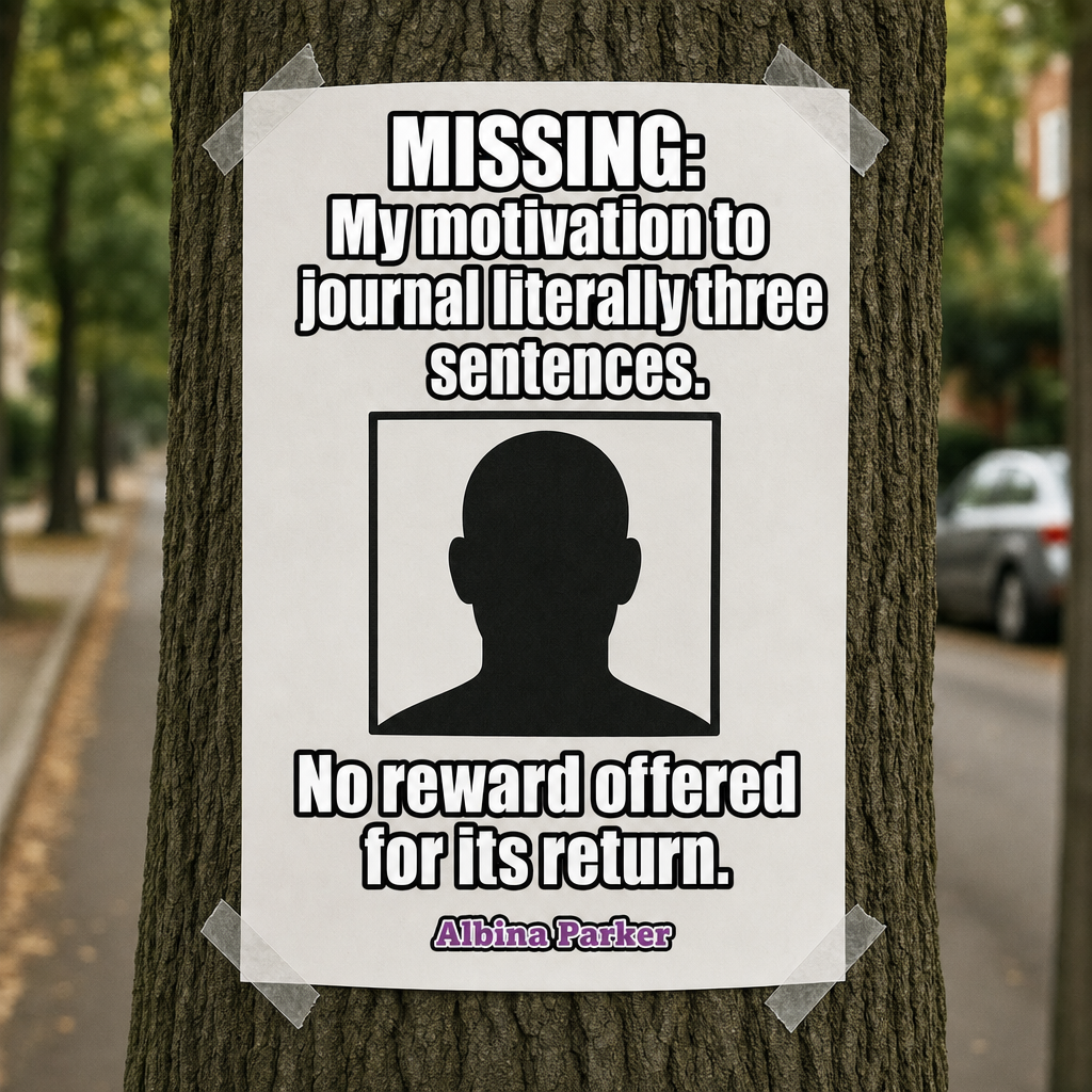 MISSING: My motivation to journal literally three sentences.

[PICTURE OF BLANK FACE OUTLINE SILHOUETTE]

No reward offered for its return.