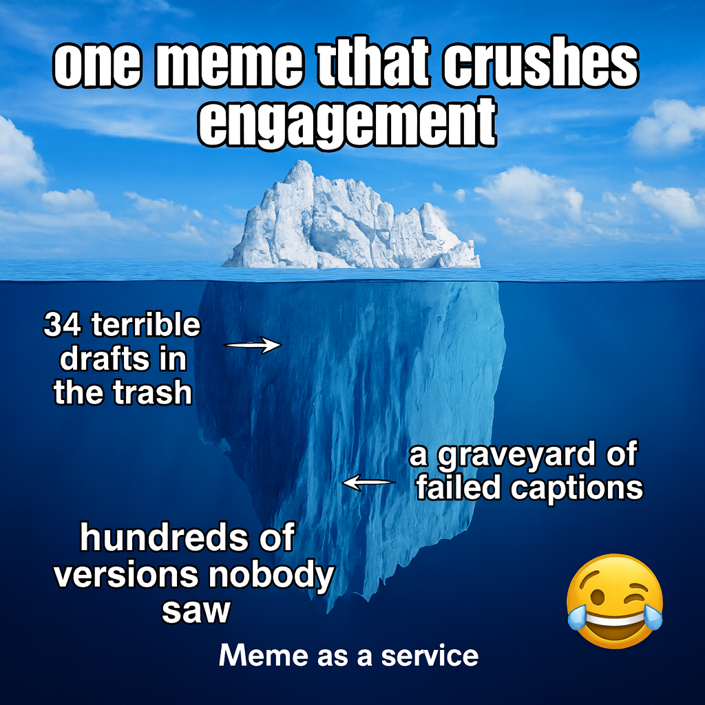 Tip of iceberg: one meme that crushes engagement / Underwater: 34 terrible drafts in the trash, a graveyard of failed captions, hundreds of versions nobody saw