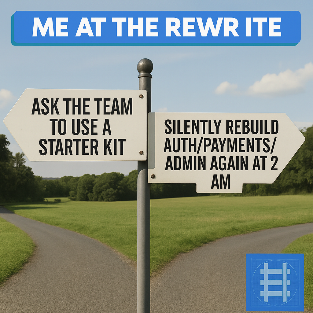 Left sign: Ask the team to use a starter kit / Right sign: Silently rebuild auth/payments/admin again at 2am