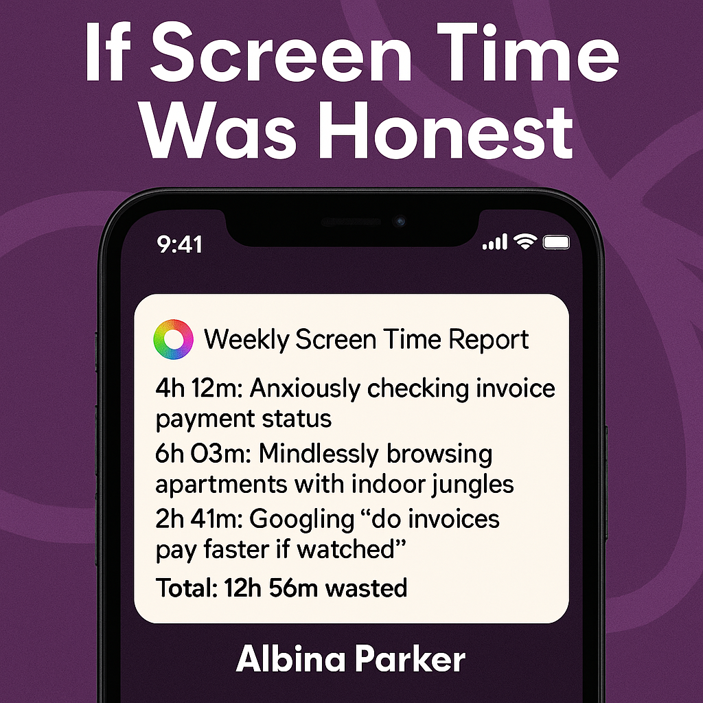 If Screen Time Was Honest
Weekly Screen Time Report
4h 12m: Anxiously checking invoice payment status
6h 03m: Mindlessly browsing apartments with indoor jungles
2h 41m: Googling do invoices pay faster if watched
Total: 12h 56m wasted