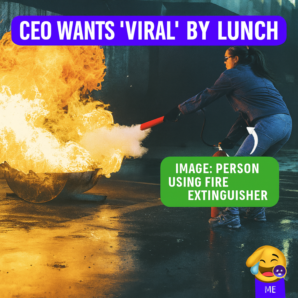 CEO wants 'viral' by lunch IMAGE: PERSON USING FIRE EXTINGUISHER Adding three more hashtags