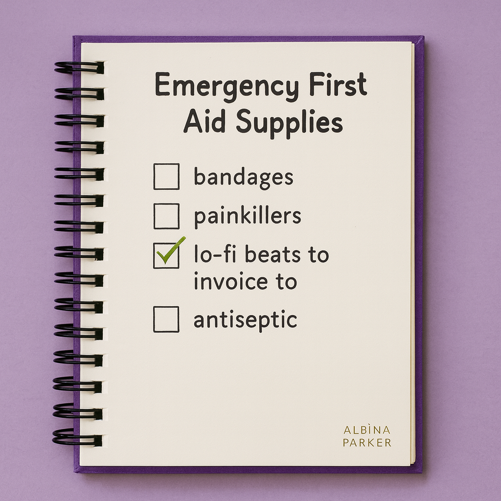 Emergency First Aid Supplies
[ ] bandages
[ ] painkillers
☑ lo-fi beats to invoice to
[ ] antiseptic