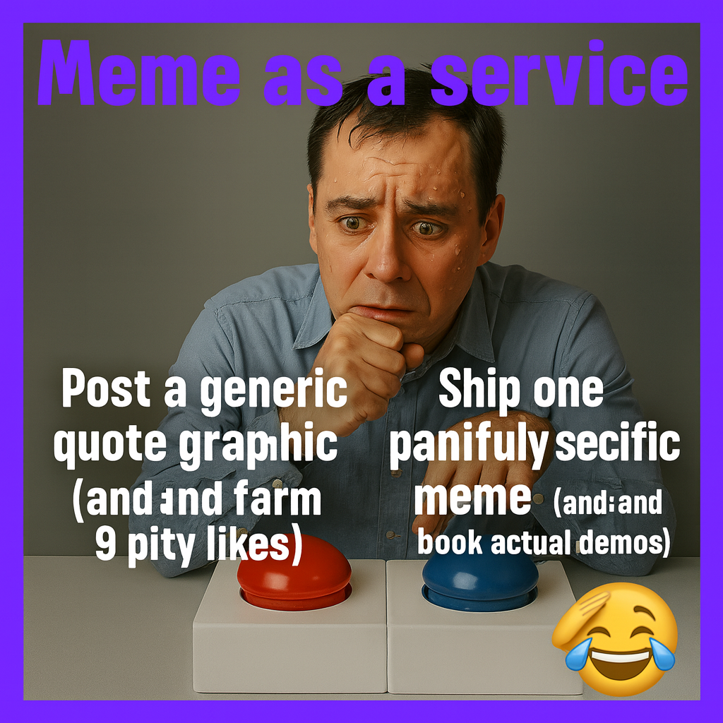 Button A: "Post a generic quote graphic (and and farm 9 pity likes)" Button B: "Ship one painfully specific meme (and and book actual demos)"