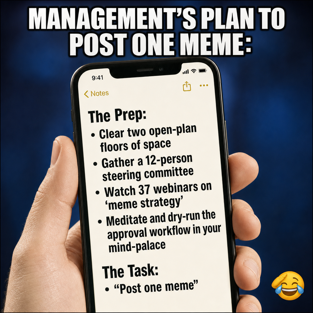 The Prep:
Clear two open-plan floors of space
Gather a 12-person steering committee
Watch 37 webinars on 'meme strategy'
Meditate and dry-run the approval workflow in your mind-palace

The Task:
"Post one meme"