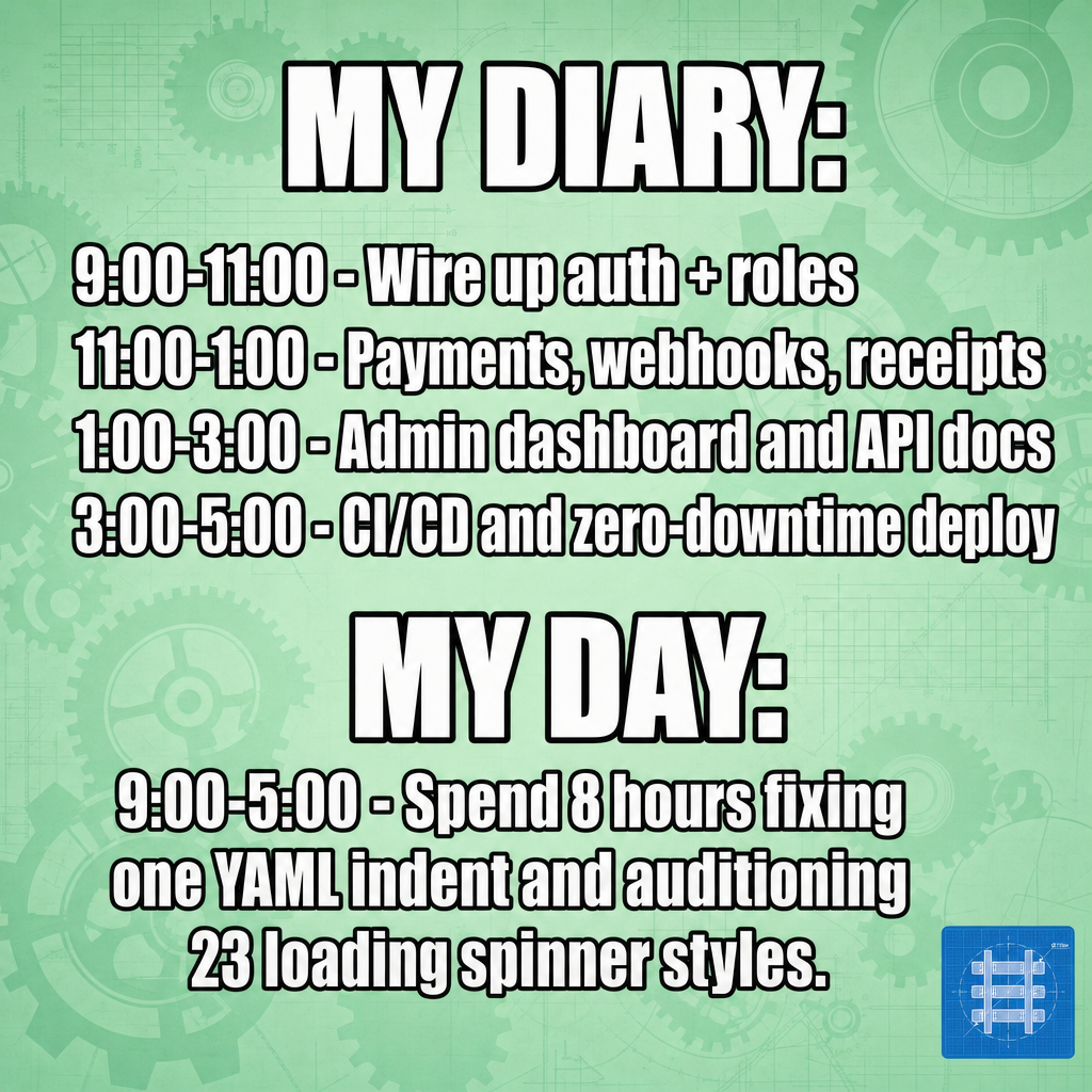 My Diary: "9:00-11:00 - Wire up auth + roles" "11:00-1:00 - Payments, webhooks, receipts" "1:00-3:00 - Admin dashboard and API docs" "3:00-5:00 - CI/CD and zero-downtime deploy"

My Day: "9:00-5:00 - Spend 8 hours fixing one YAML indent and auditioning 23 loading spinner styles."