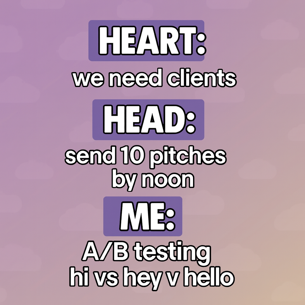 Heart: we need clients
Head: send 10 pitches by noon
Me: A/B testing hi vs hey vs hello