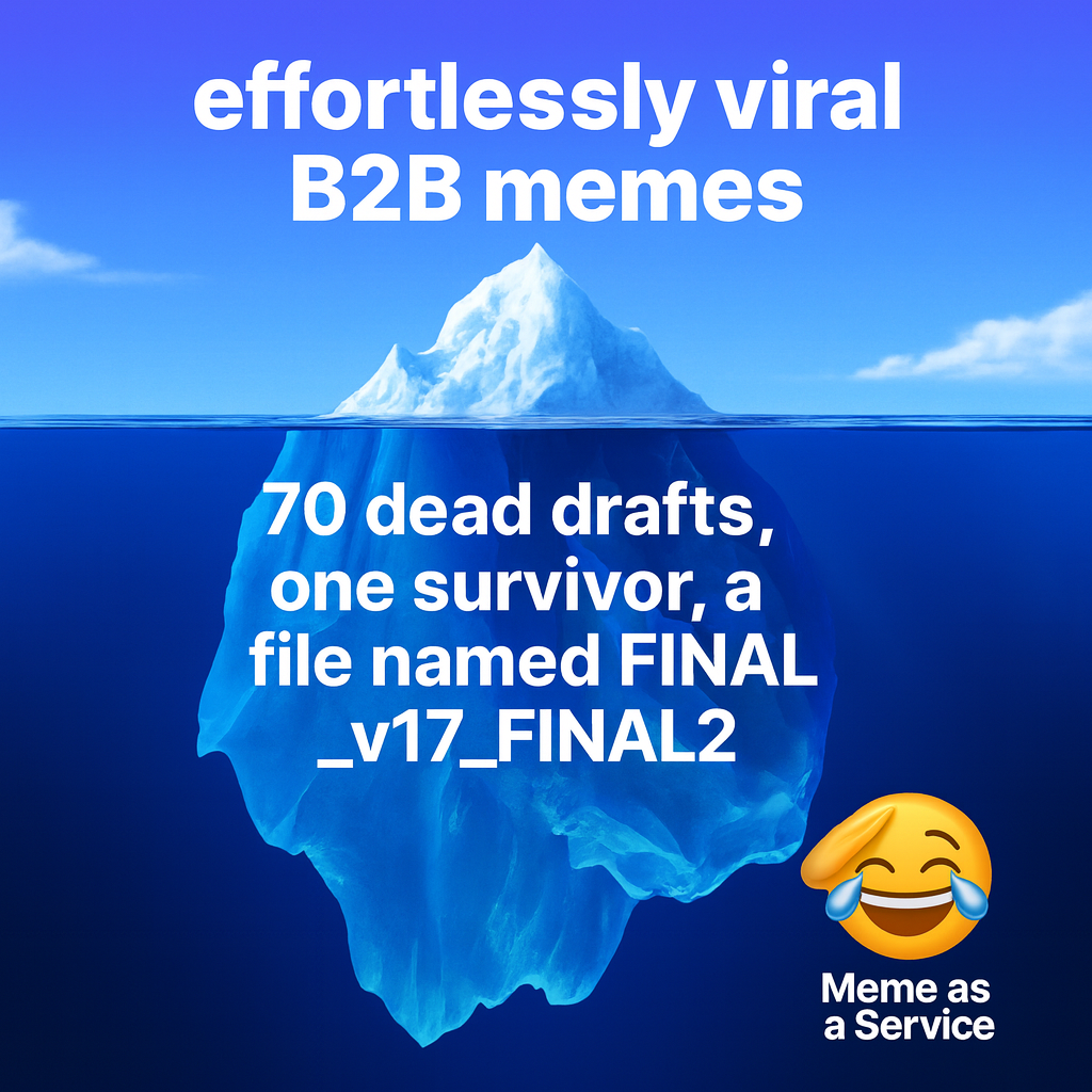 Tip of iceberg: effortlessly viral B2B memes / Underwater: 70 dead drafts, one survivor, a file named FINAL_v17_FINAL2, dozens of buried captions