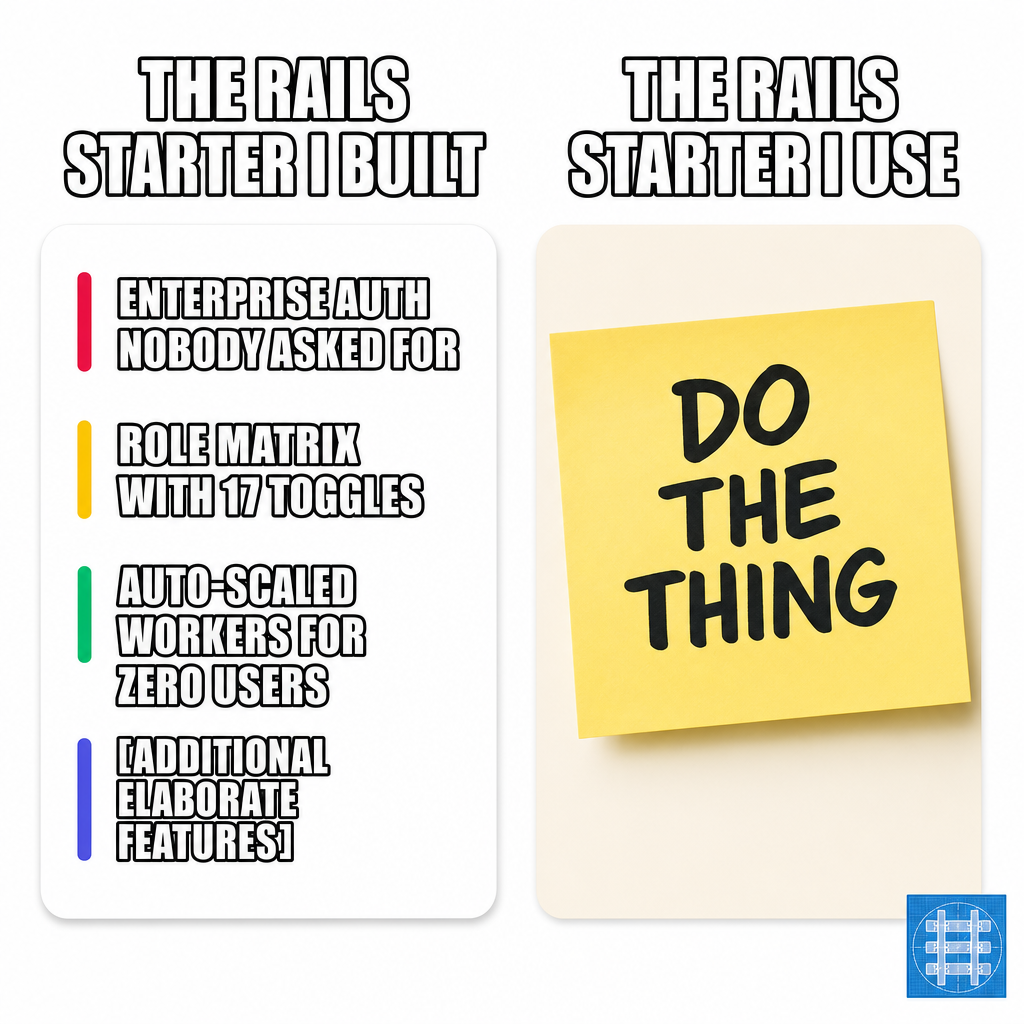 The Rails starter I built: Enterprise auth nobody asked for Role matrix with 17 toggles Auto-scaled workers for zero users [Additional elaborate features]. The Rails starter I use: Image - A yellow sticky note that says 'DO THE THING'