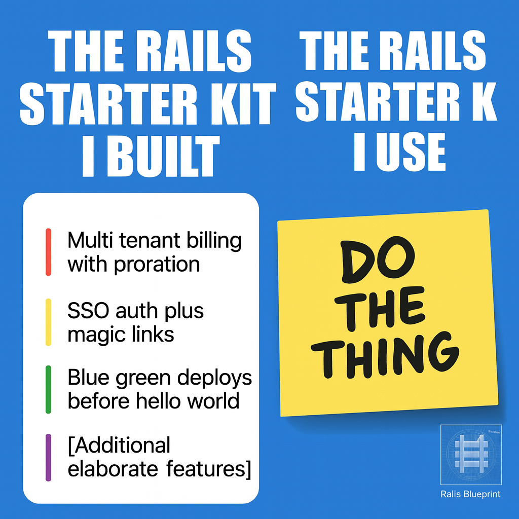 The Rails starter kit I built: Multi tenant billing with proration SSO auth plus magic links Blue green deploys before hello world [Additional elaborate features]. The Rails starter kit I use: Image - A yellow sticky note that says 'DO THE THING'