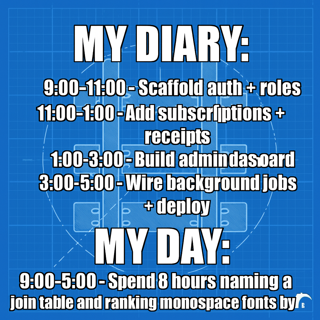 My Diary: "9:00-11:00 - Scaffold auth + roles" "11:00-1:00 - Add subscriptions + receipts" "1:00-3:00 - Build admin dashboard" "3:00-5:00 - Wire background jobs + deploy"

My Day: "9:00-5:00 - Spend 8 hours naming a join table and ranking monospace fonts by vibes."