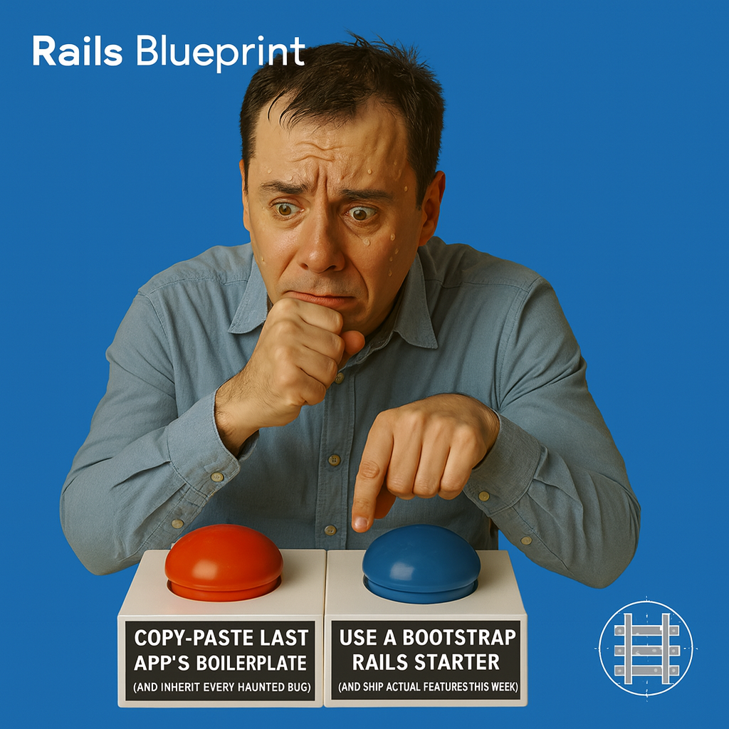 Button A: "Copy‑paste last app’s boilerplate (and inherit every haunted bug)" Button B: "Use a Bootstrap Rails starter (and ship actual features this week)"