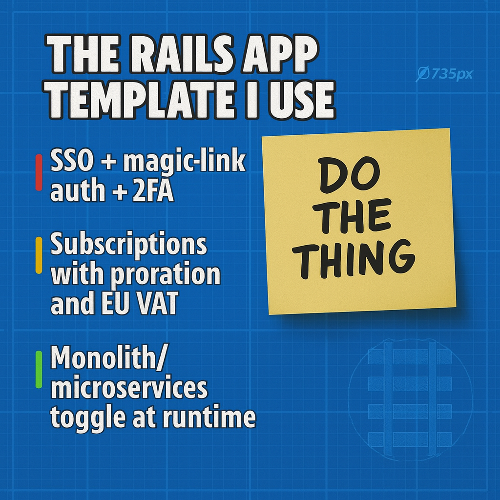 The Rails app template I built: SSO + magic-link auth + 2FA Subscriptions with proration and EU VAT Monolith/microservices toggle at runtime [Additional elaborate features]. The Rails app template I use: Image - A yellow sticky note that says 'DO THE THING'