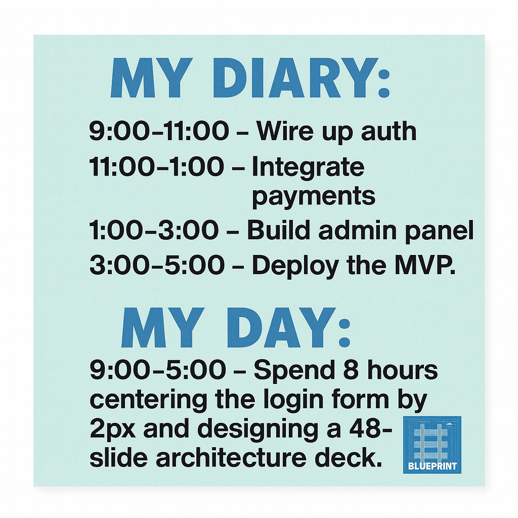 My Diary: "9:00-11:00 - Wire up auth" "11:00-1:00 - Integrate payments" "1:00-3:00 - Build admin panel" "3:00-5:00 - Deploy the MVP"

My Day: "9:00-5:00 - Spend 8 hours centering the login form by 2px and designing a 48-slide architecture deck."