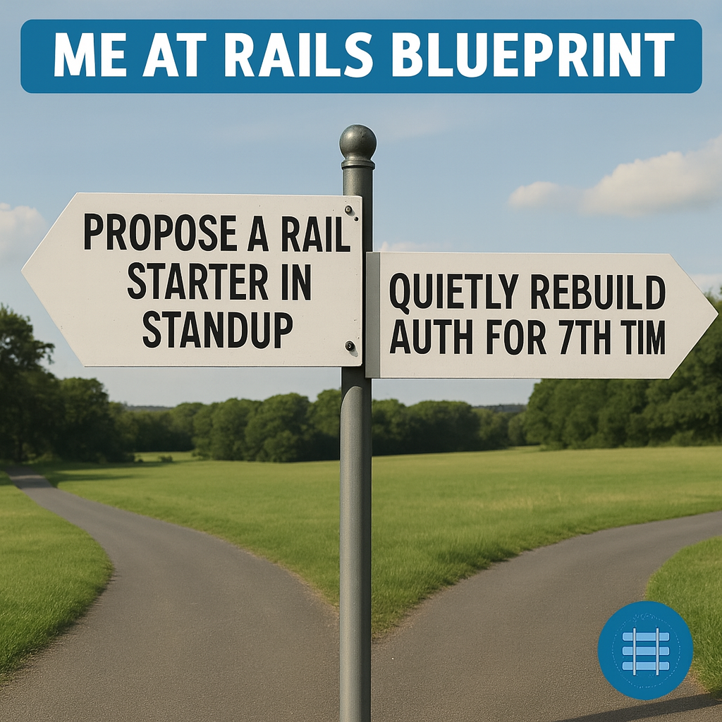 Left sign: Propose a Rails starter in standup / Right sign: Quietly rebuild auth for the 7th time
