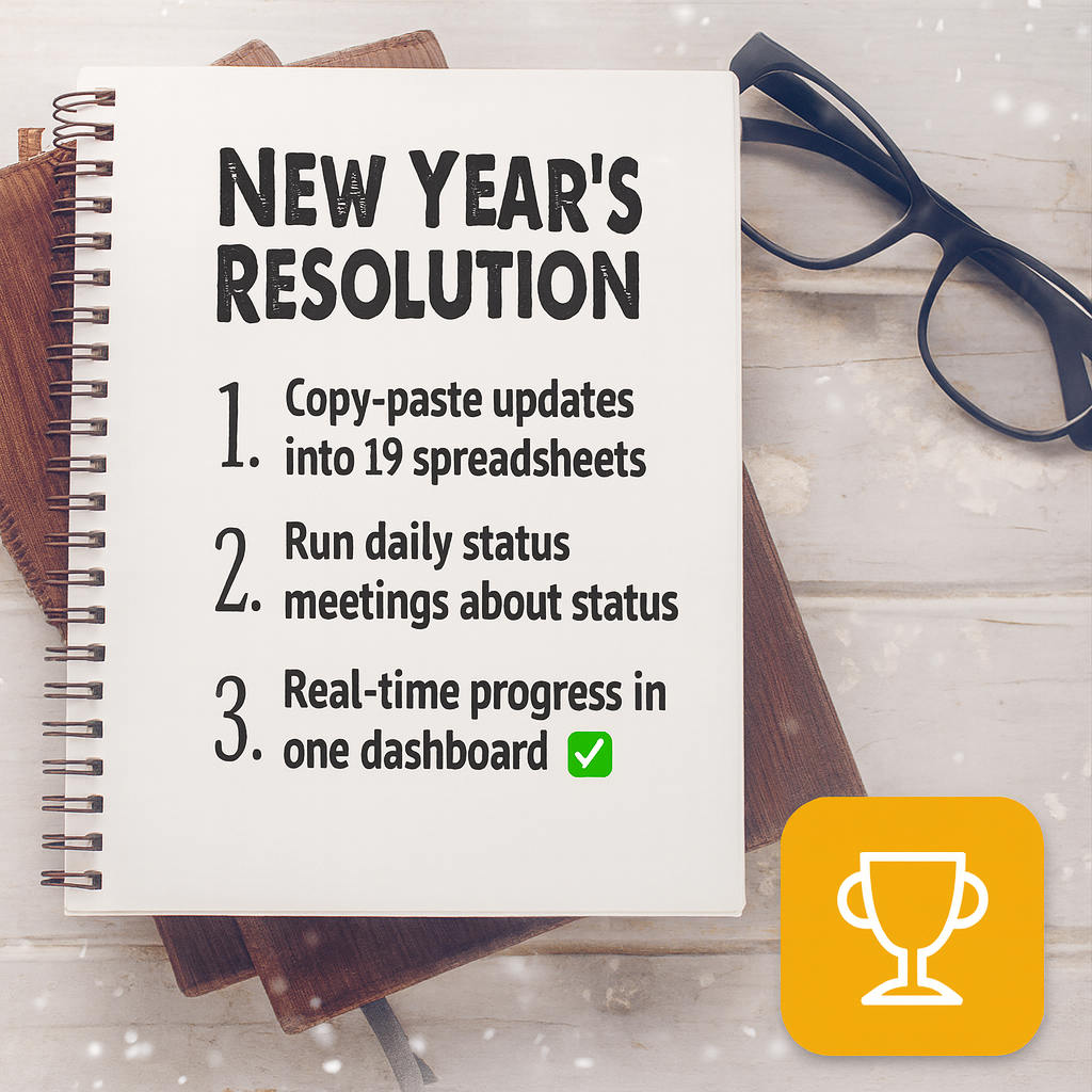 New Year's Resolution
1. Copy-paste updates into 19 spreadsheets ❌
2. Run daily status meetings about status ❌
3. Real-time progress in one dashboard ✅