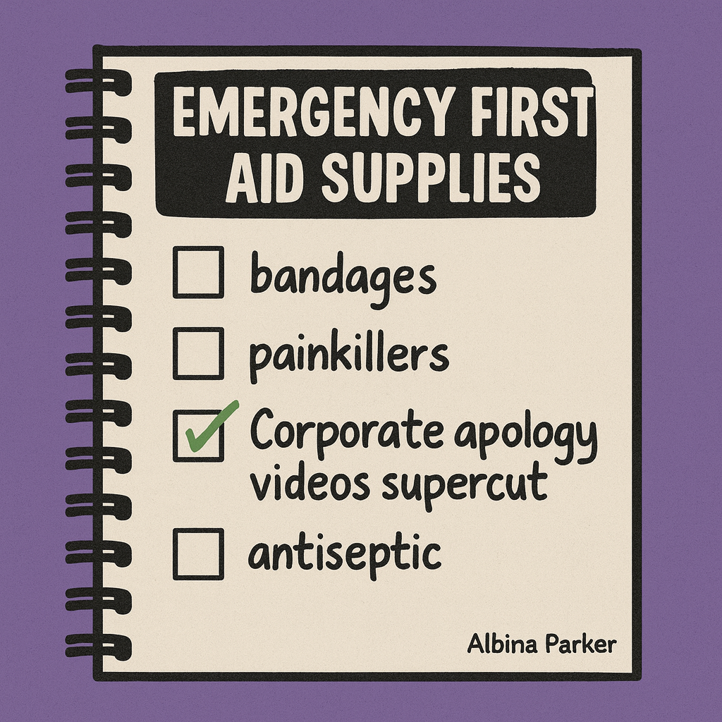 Emergency First Aid Supplies
[ ] bandages
[ ] painkillers
☑ Corporate apology videos supercut
[ ] antiseptic