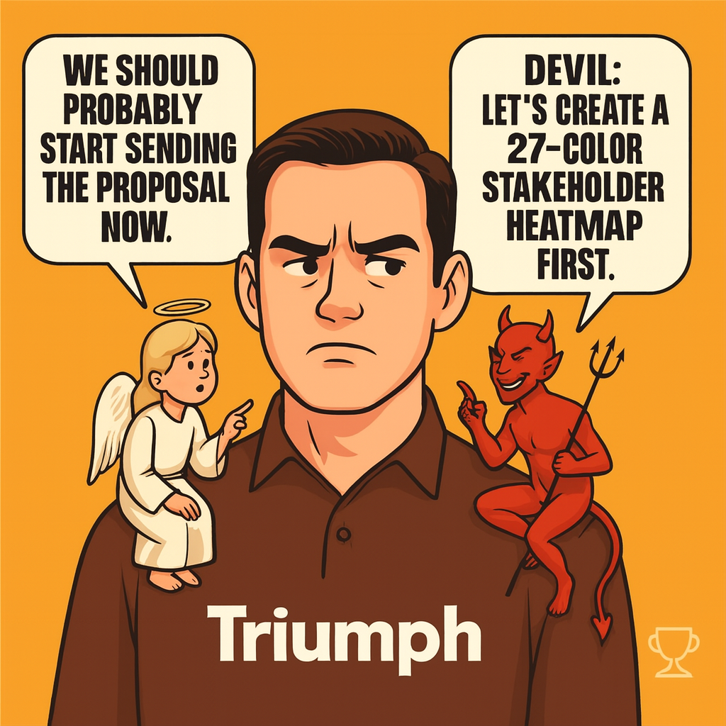 Angel: 'We should probably start sending the proposal now.' Devil: 'Let's create a 27-color stakeholder heatmap first.'