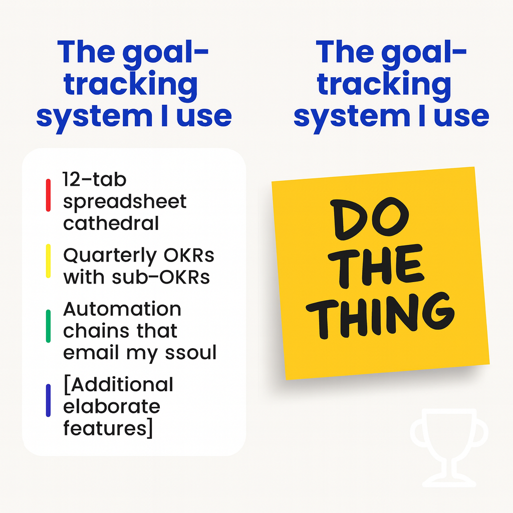 The goal-tracking system I built: 12-tab spreadsheet cathedral Quarterly OKRs with sub-OKRs Automation chains that email my soul [Additional elaborate features]. The goal-tracking system I use: Image - A yellow sticky note that says 'DO THE THING'