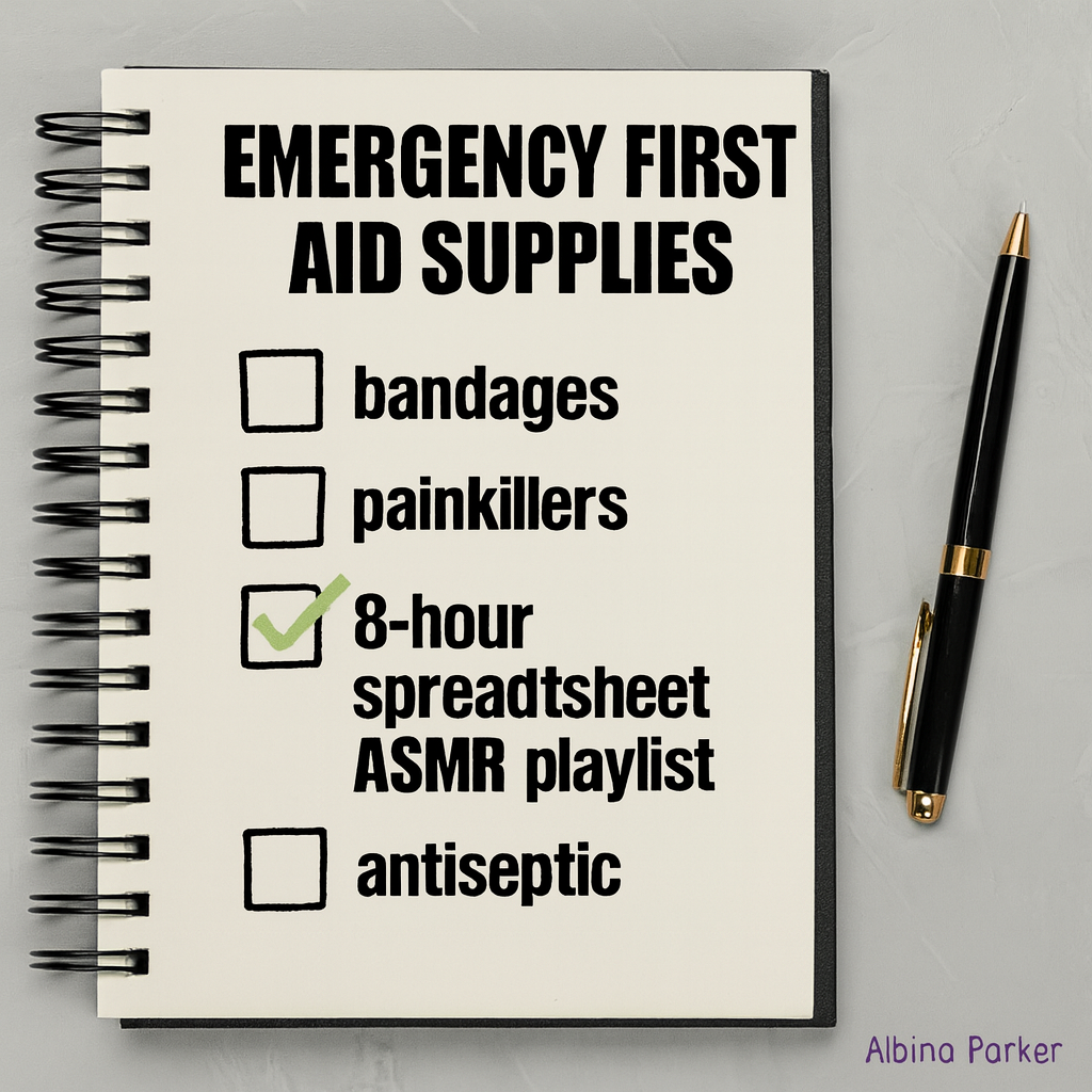 Emergency First Aid Supplies
[ ] bandages
[ ] painkillers
☑ 8-hour spreadsheet ASMR playlist
[ ] antiseptic