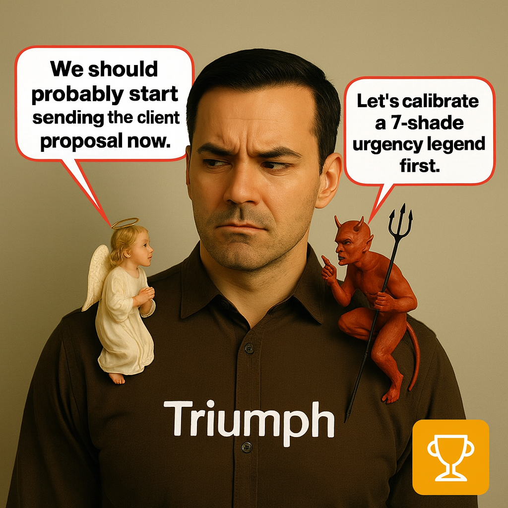 Angel: 'We should probably start sending the client proposal now.' Devil: 'Let's calibrate a 7-shade urgency legend first.'