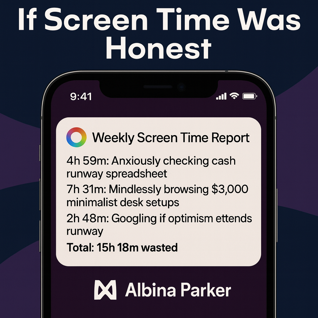 If Screen Time Was Honest
Weekly Screen Time Report
4h 59m: Anxiously checking cash runway spreadsheet
7h 31m: Mindlessly browsing $3,000 minimalist desk setups
2h 48m: Googling if optimism extends runway
Total: 15h 18m wasted