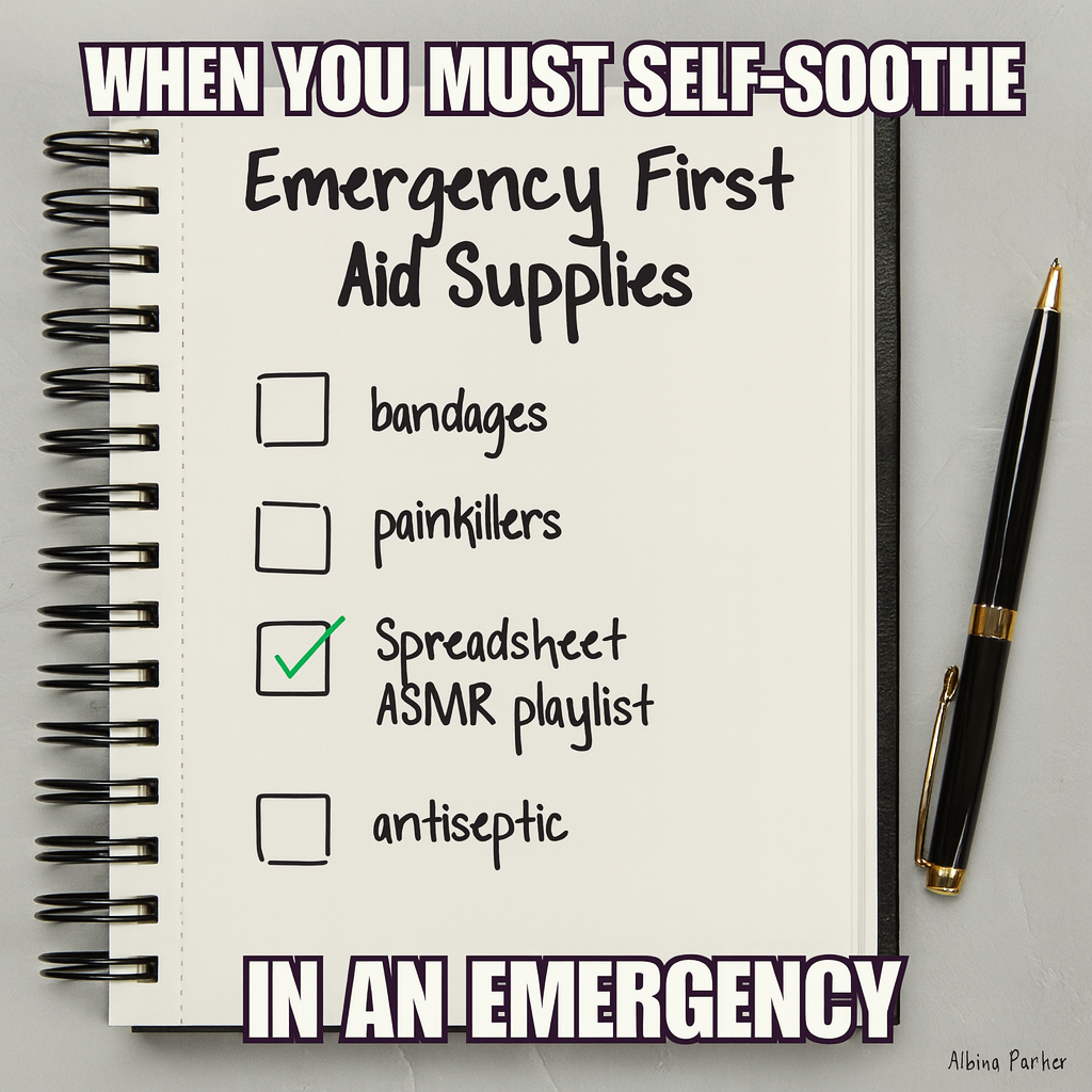 Emergency First Aid Supplies
[ ] bandages
[ ] painkillers
☑ Spreadsheet ASMR playlist
[ ] antiseptic