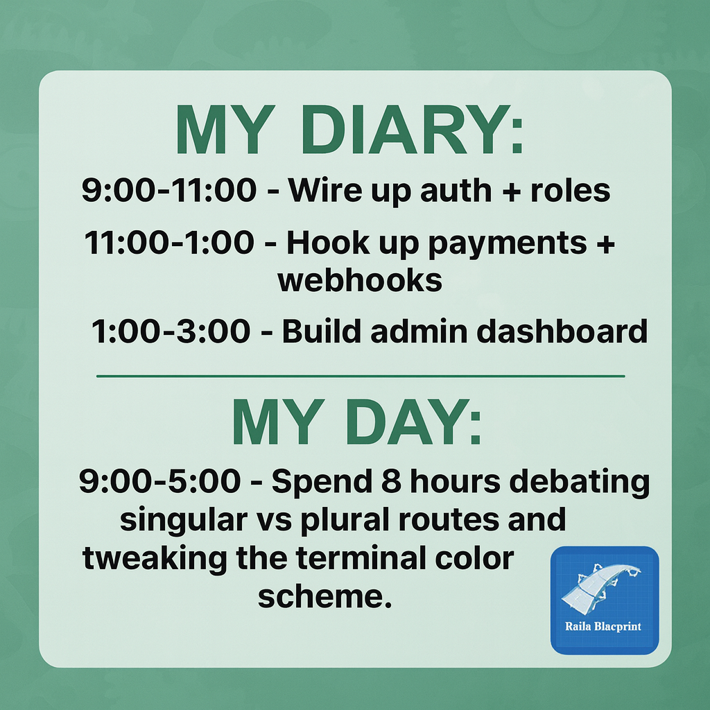 My Diary: "9:00-11:00 - Wire up auth + roles" "11:00-1:00 - Hook up payments + webhooks" "1:00-3:00 - Build admin dashboard" "3:00-5:00 - Deploy to prod, write docs"

My Day: "9:00-5:00 - Spend 8 hours debating singular vs plural routes and tweaking the terminal color scheme."