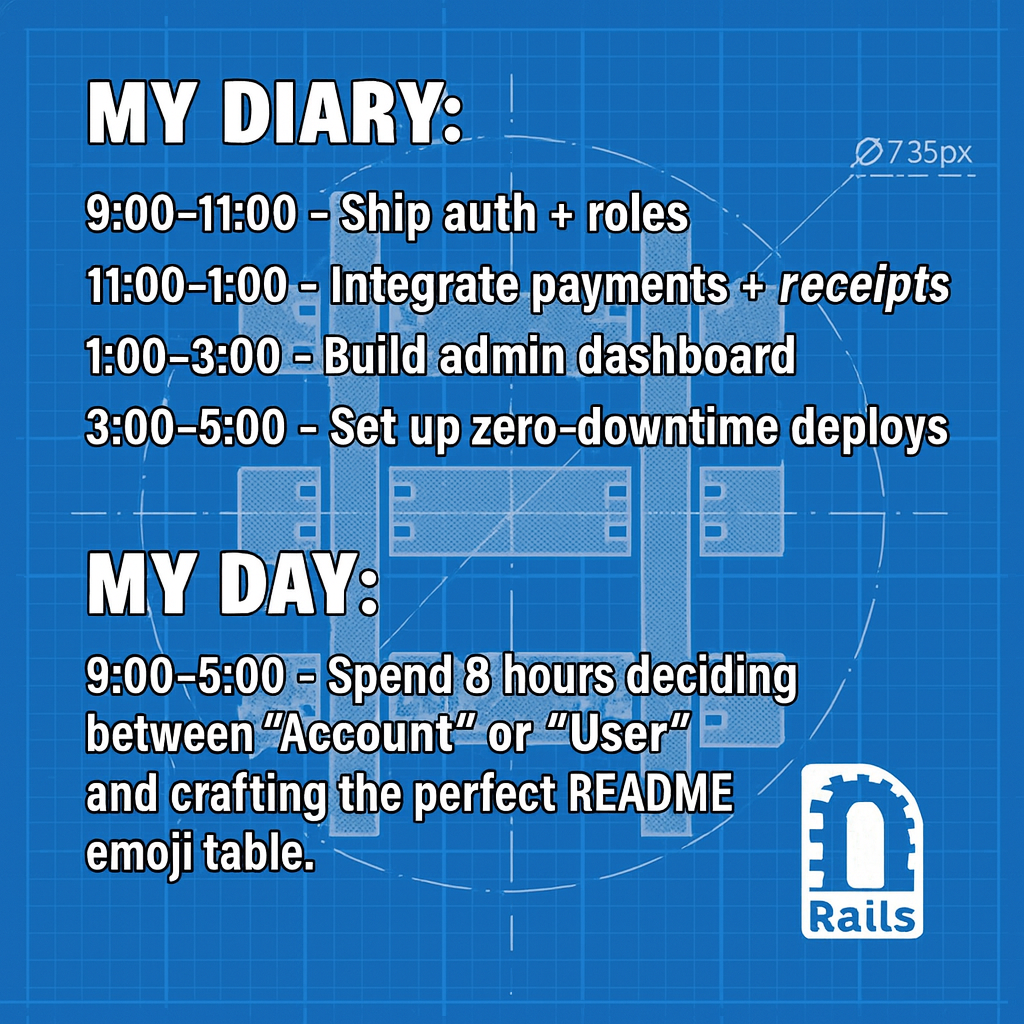 My Diary: "9:00-11:00 - Ship auth + roles" "11:00-1:00 - Integrate payments + receipts" "1:00-3:00 - Build admin dashboard" "3:00-5:00 - Set up zero-downtime deploys"

My Day: "9:00-5:00 - Spend 8 hours deciding between 'Account' or 'User' and crafting the perfect README emoji table."