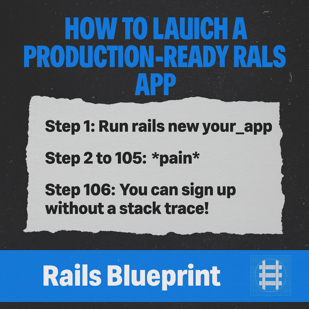 How to LAUNCH A PRODUCTION-READY RAILS APP

Step 1: Run rails new your_app

Steps 2 to 105: *pain*

Step 106: You can sign up without a stack trace!